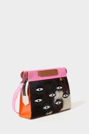 Vali Crossbody Small Bubblegum Pink And Neon Orange Leather Bag - Eyes Applique Adjustable Handle