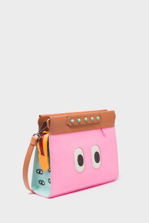 Vali Crossbody Small Caramel and Taffy Pink Leather Bag - All Over Eyes Embroidery