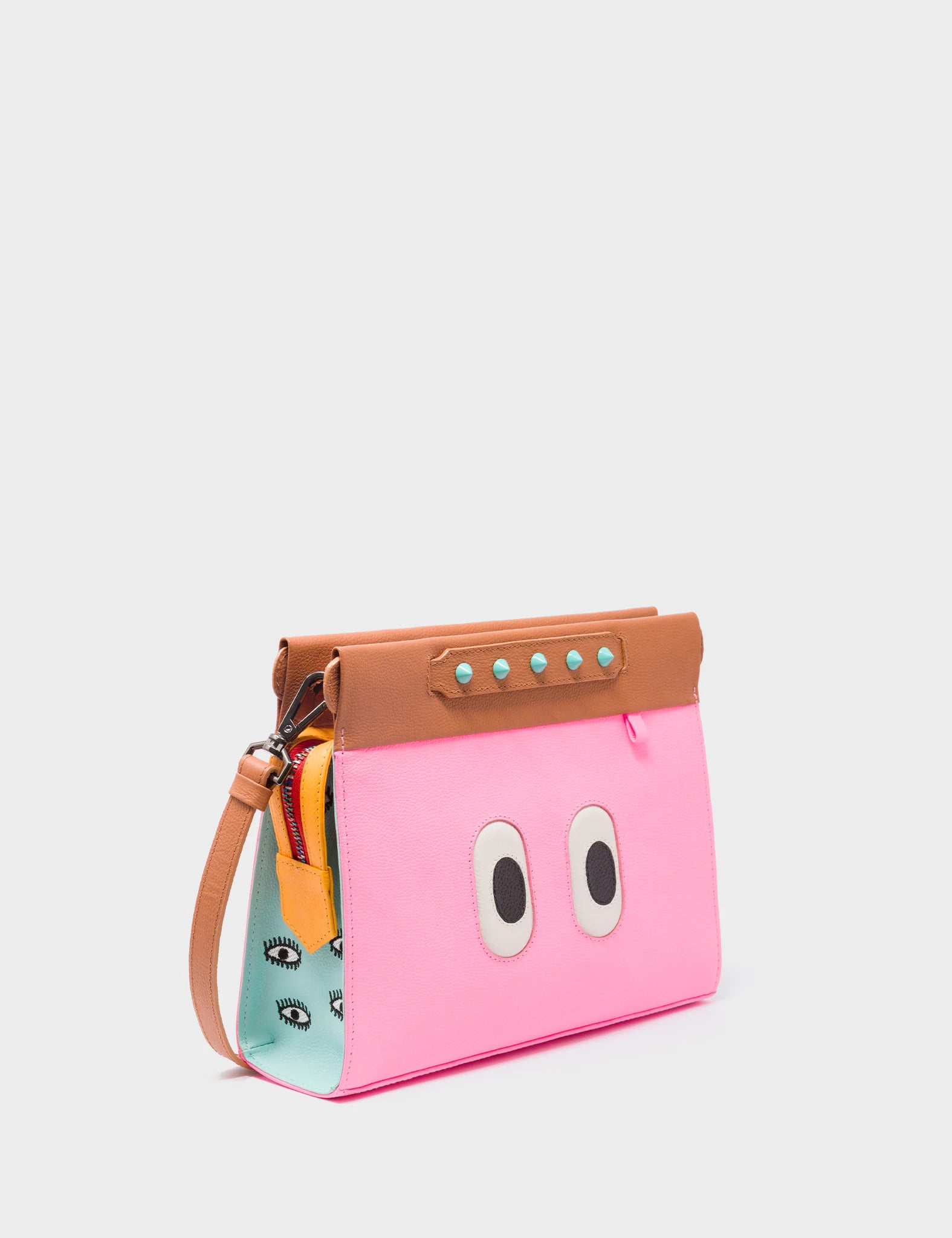 Vali Crossbody Small Caramel and Taffy Pink Leather Bag - All Over Eyes Embroidery