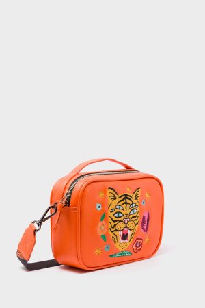 Verto Crossbody Vermillion Orange Leather Handbag - Tiger and Flowers Embroidery