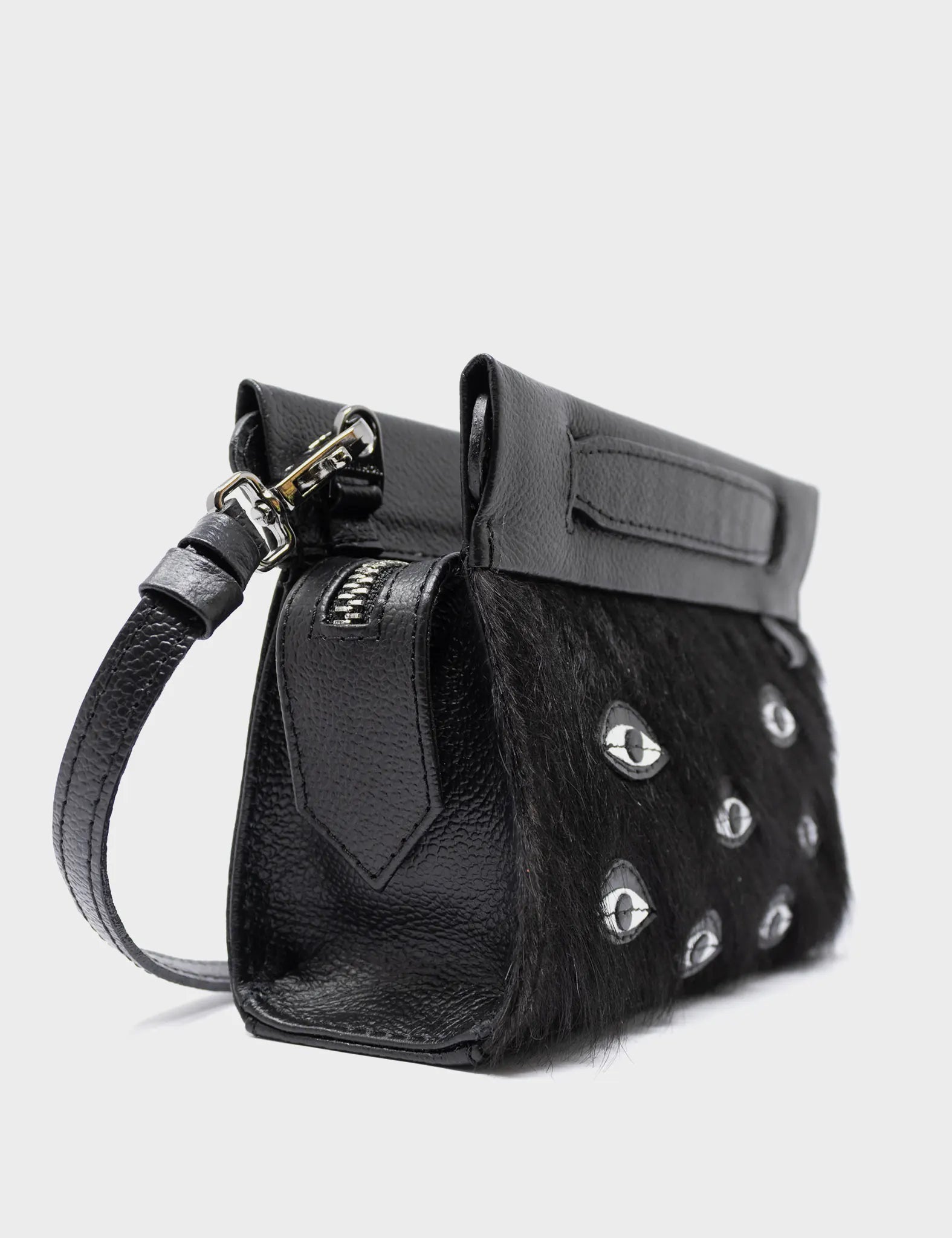 Vali Crossbody Micro Black Leather Bag - Eyes Applique Adjustable Handle - Image 6