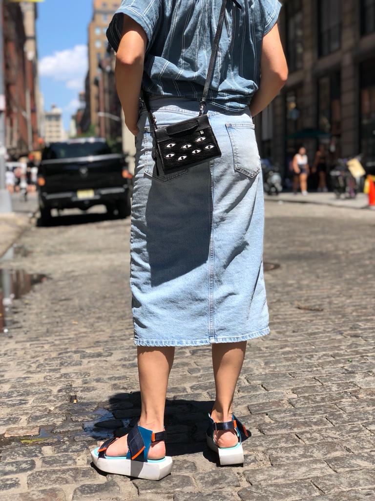 Vali Crossbody Micro Black Leather Bag - Eyes Applique Adjustable Handle - Image 2