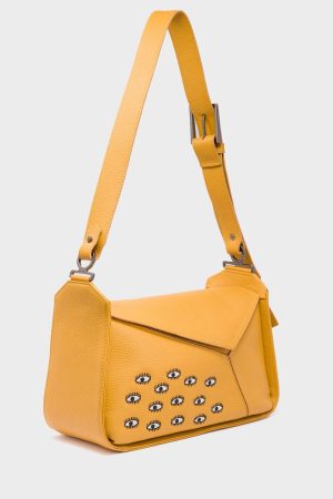 Houston Golden Glow Leather Shoulder Bag - All Over Eyes Embroidery