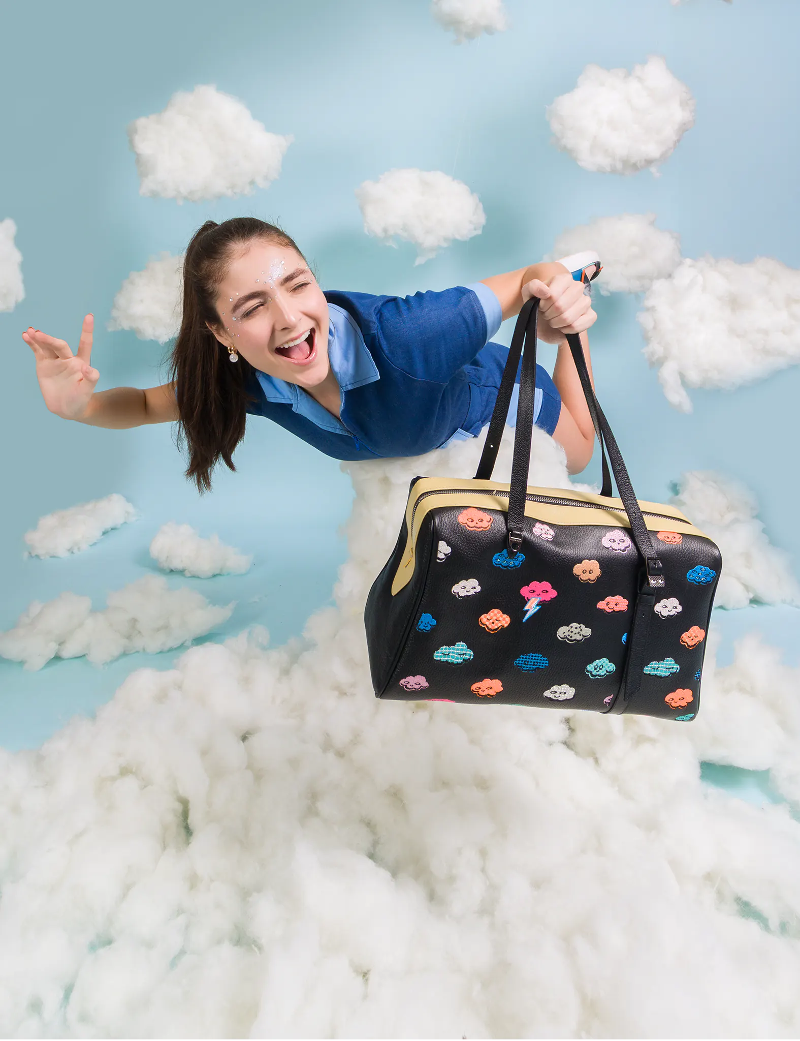 Esther Large Black Duffle Bag - Happy Clouds Design - Image 8